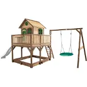 Axi Liam Speelhuis op palen, zandbak, nestschommel & witte Glijbaan | Speelhuisje voor de tuin / buiten in bruin & groen van FSC hout | Speeltoestel voor kinderen