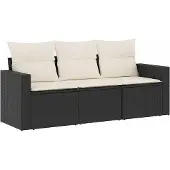 vidaXL 3-delige Loungeset met kussens poly rattan zwart