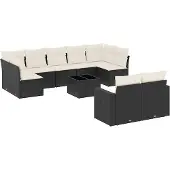 vidaXL 9-delige Loungeset met kussens poly rattan zwart
