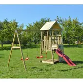 Wendi Toys Houten speeltoren salamander glijbaan, klimwand en 2 schommels