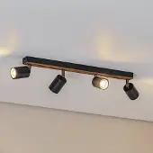 Envostar Tino plafondspot 4-lamps zwart/hout Tino, dimbaar, zwart, Woon-/ Eetkamer, metaal, halogeen spot