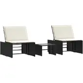 The Living Store Lounge Stoel - Ligbed - Modulaire ligbedden 2 stuks met tafel zwart poly rattan - Buitendrankset - Tuinstoel - Relaxfauteuil