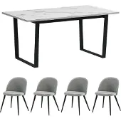 Ebuy24 Tilst eethoek eettafel wit marmerprint 90x160 4 stoelen velours grijs.