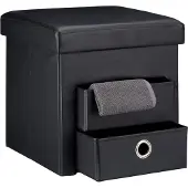 Relaxdays opvouwbare zitkist met 2 lades, poef, krukje, kunstleer, hocker, kruk zwart