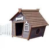 Dobar Buitenren voor honden met puntig dak en zijterras, stripontwerp,hout, 146,3 x 90 x 96 cm