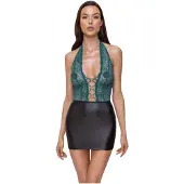 Cottelli - glanzende jurk met veters en kant (zwart-groen) - M