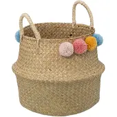 Atmosphera Speelgoed Opbergmand - Pompoms - met handgreep - riet - opvouwbaar - 33 x 28 x 33 cm