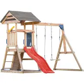 Axi Mia Speeltoestel van hout in Bruin | Speeltoren met zandbak, klimwand, dubbele schommel en rode Glijbaan | Speelhuis op palen voor de tuin