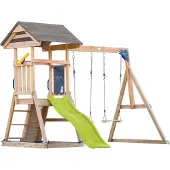 Axi Mia Speeltoestel van hout in Bruin | Speeltoren met zandbak, klimwand, dubbele schommel en limoen groene Glijbaan | Speelhuis op palen voor de tuin