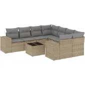 vidaXL 9-delige Loungeset met kussens poly rattan beige