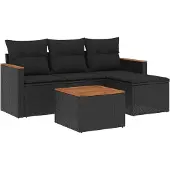 vidaXL 5-delige Loungeset met kussens poly rattan zwart