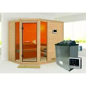 Karibu Sauna, binnensauna, model Sinai, hoekinstap, oven 9 kW, externe bediening, afmetingen 236x184x208 cm, zonder dakrand