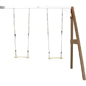 Axi Dubbele Schommel van hout in wit & bruin | Schommel met muurbevestiging voor kinderen met houten schommelzitjes | Schommelset dubbel aan muur voor tuin / buiten