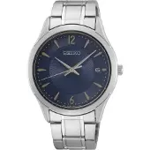 Seiko quartz zilver heren horloge met blauwe wijzerplaat & roestvrij stalen band