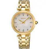 Seiko quartz goud dames horloge met parel wijzerplaat & roestvrij stalen band