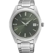 Seiko quartz zilver heren horloge met groene wijzerplaat & roestvrij stalen band