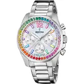 Festina boyfriend quartz grijs dames horloge met witte wijzerplaat & roestvrij stalen band