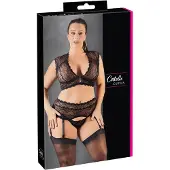 Cottelli collection Cottelli Plus Size – Jarretel Lingerie Set met Strass Element en Prachtige Kanten Borduursels – Maat 2XL – Zwart