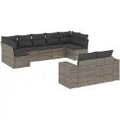 vidaXL 9-delige Loungeset met kussens poly rattan grijs
