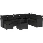 vidaXL 9-delige tuinmeubelset met kussens, zwart, polyrotan