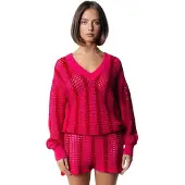Colourful Rebel Lizza Crochet Stripe V-neck Sweater Medium Bright Pink Size: L | Sweaters Outlet | Dames | Roze
