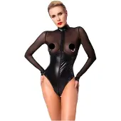 Noir Handmade - bodysuit - transparant inzetstuk - glanzend zwart - XL