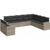 vidaXL 10-delige Loungeset met kussens poly rattan lichtgrijs