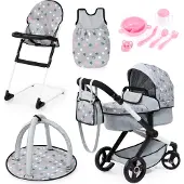 Bayer XEO poppenwagenset, met tas, kinderstoel, slaapzak, speelboog, poppenaccessoires, in grijs