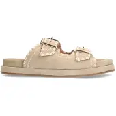 Manfield Beige suède slippers met witte details | Maat 39