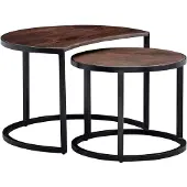 Wohnling salontafel set van 2 Mango massief houten / metalen salontafel rond | Industriële bijzettafel met metalen poten zwart | 2-delige placemat bijzettafel van hout