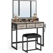Vasagle Kaptafel met krukje en drievoudige spiegel, Grijs + Zwart