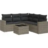 vidaXL 6-delige Loungeset met kussens poly rattan grijs