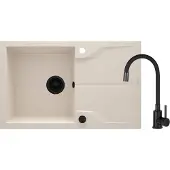Deante Granieten spoelbak, beige kleur, met één kom, inclusief kraan Nero en afvoerbak, inbouwmodel, flexibele toevoer, complete set voor de keuken