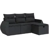 vidaXL 4-delige Loungeset met kussens poly rattan zwart