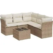 vidaXL 6-delige Loungeset met kussens poly rattan beige