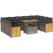 vidaXL 10-delige loungeset voor de tuin met kussens, grijs, polyrotan, acaciahout