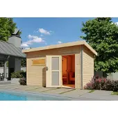Karibu Saunahuis, buitensauna, tuinsauna, model Skrollan, 3 personen, onbehandeld, zonder accessoires, 38 mm massief hout, 396x231x227 cm, met deur van melkglas