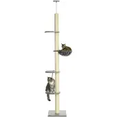 PawHut Paws kattenboom met hangmat, inclusief plafondspanner, plafondhoogte, 40 cm x 40 m x 250 cm, grijs+ crèmewit