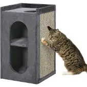 PawHut Krabpaal voor katten met 2 kattenholen, 1 liggedeelte, sisal krabmat, pluche, grijs+naturel
