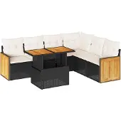 vidaXL 7-delige tuinmeubelset met kussens, zwart, polyrotan