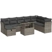 vidaXL 9-delige Loungeset met kussens poly rattan grijs