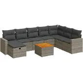 vidaXL 9-delige tuinmeubelset met kussens, grijs, polyrotan
