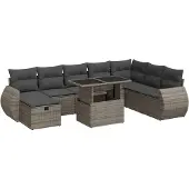 vidaXL 9-delige tuinmeubelset met kussens, grijs, polyrotan