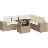 vidaXL 7-delige tuinmeubelset met kussens, beige, van polyrotan