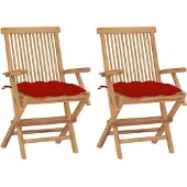 vidaXL Tuinstoelen 3 st met rode kussens massief teakhout