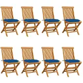 vidaXL Klapstoelen met blauwe kussens, 8-delig, massief teakhout