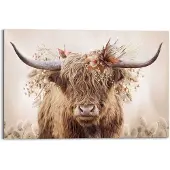 Praxis Schilderij Highlander In Bloemen Schotse Hooglander - Flora - Deco Panel 90x60 Cm Hout Beige