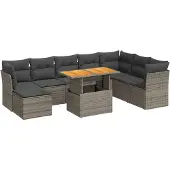 vidaXL 9-delige Loungeset met kussens poly rattan grijs