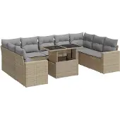 vidaXL 10-delige Loungeset met kussens poly rattan beige
