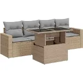 vidaXL 5-delige Loungeset met kussens poly rattan beige